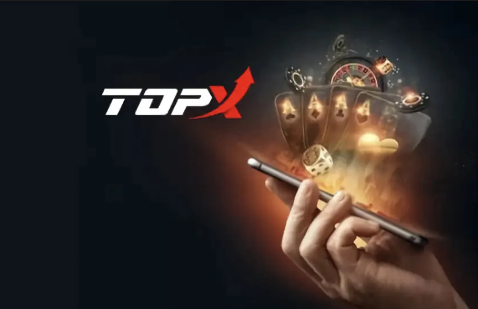 Mão segurando um celular de onde sobem cartas, fichas e uma roleta iluminadas, ao lado da marca TopX